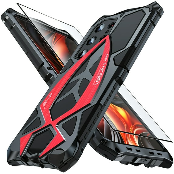 Armor Phone Case for Samsung Galaxy S25 Ultra Military Grade Drop Protection Cover Samsung Galaxy S25 Ultra Heavy Duty Hybrid Metal Bumper Built-in Silicone Shockproof Dustproof,Black+Red