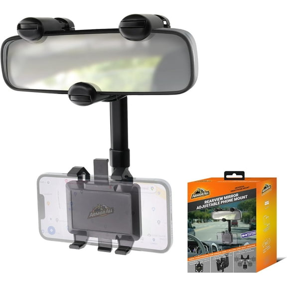 Armor All Phone Mount for Car, Rear View Mirror Phone Holder, 360° Rotatable, Adjustable Telescopic Arm, Car Phone Holder for iPhone, Samsung, & All Cell Phones Between 2.5” in – 3.7” in. Wide
