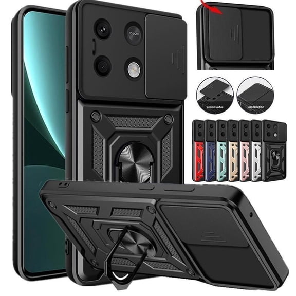 Armor Ring Stand Holder Case For Redmi Note 13 Pro 5G 12 Pro Plus 12S 11 13C 12C Xiaomi 14 13 13T 12 Lite 12T 11T Poco X6 X5 F5 X5 X4 Pro M6 M5 M4 5G Cover Slide Camera Lens Protection Coque Capa