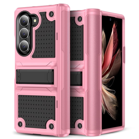 Armor Shockproof Case for Samsung Galaxy Z Fold 5, [Military Grade Anti-Drop] Rugged Hybrid Hard PC+Soft Silicone Heavy-Duty Tough Durable with Kickstand Protective Bumper Phone Case, Pink