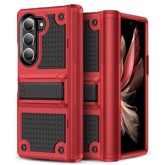 Armor Shockproof Case for Samsung Galaxy Z Fold 5, [Military Grade Anti-Drop] Rugged Hybrid Hard PC+Soft Silicone Heavy-Duty Tough Durable with Kickstand Protective Bumper Phone Case, Red