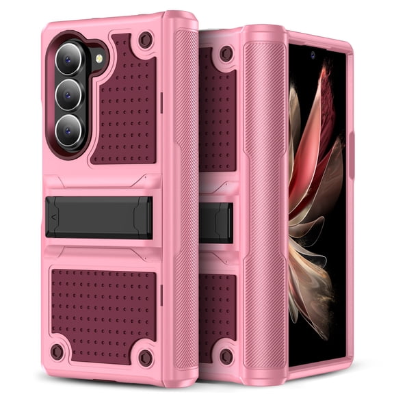 Armor Shockproof Case for Samsung Galaxy Z Fold 5, [Military Grade Anti-Drop] Rugged Hybrid Hard PC+Soft Silicone Heavy-Duty Tough Durable with Kickstand Protective Bumper Phone Case, Rose