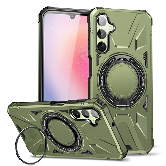 Armor Stand Case for Samsung Galaxy S24,[Compatible with MagSafe] Military Shockproof Rugged Phone Case,Magnetic with Car Mount,Built in 360° Rotatable Ring Kickstand,Darkgreen