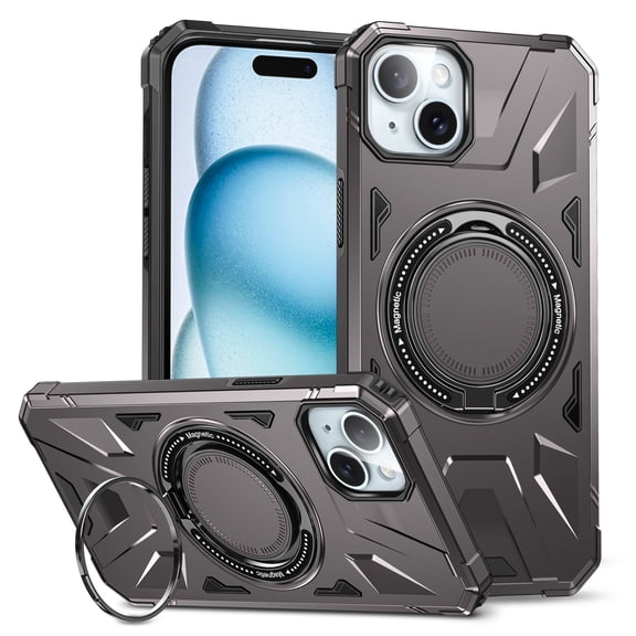 Armor Stand Case for iPhone 15,[Compatible with MagSafe] Military Shockproof Rugged Phone Case,Magnetic with Car Mount,Built in 360° Rotatable Ring Kickstand For iPhone 15,Gray