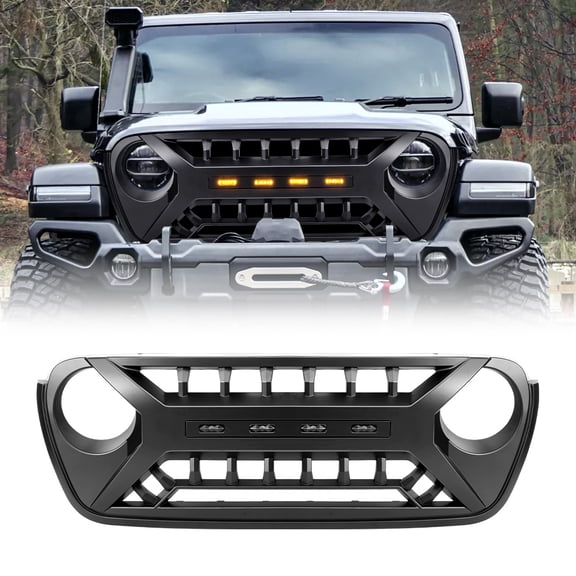 Armor Style Grille Front Bumper Grill W/ Amber Lights For 2018-2025 Jeep Wrangler JL & Gladiator JT