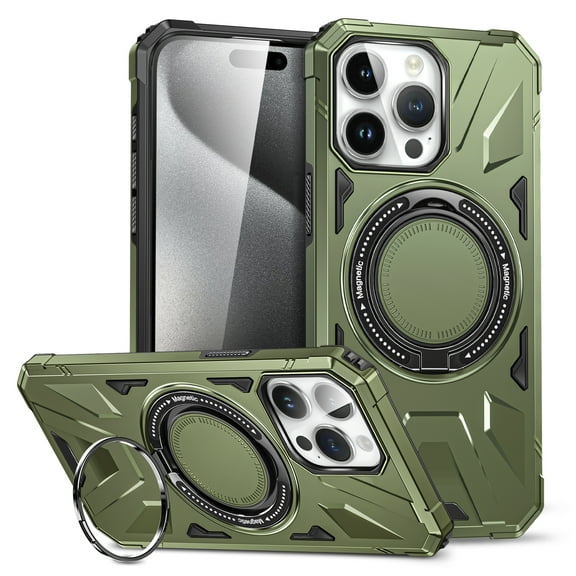 Armor TPU PC Cover for iPhone 13 Pro Max Case with magsafe 360° Metal Rotating Ring Kickstand Holder Built-in Magnetic Car Mount Armor Military Protection Case For iPhone 13 Pro Max, Darkgreen