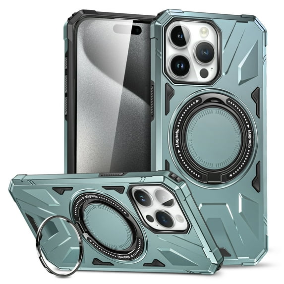 Armor TPU PC Cover for iPhone 13 Pro Max Case with magsafe 360° Metal Rotating Ring Kickstand Holder Built-in Magnetic Car Mount Armor Military Protection Case For iPhone 13 Pro Max, Green