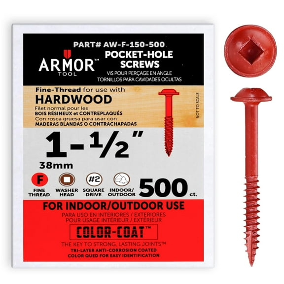 Armor Tool 1-1/2" Fine Thread Pocket Hole Screws with Color Coat Technology for Indoor/Outdoor Use (500 Count)