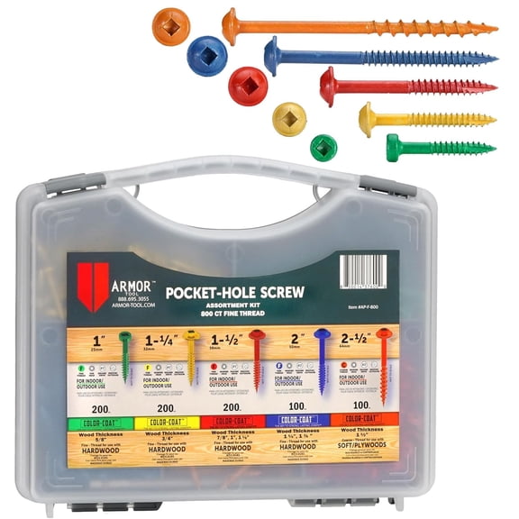 Armor Tool Pocket Hole Fine Thread Screws with Color Coat & Square Drive 800 Pieces