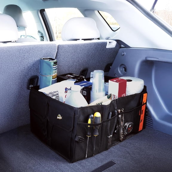 Armor All Trunk Organizer for SUV & Car, Extra-Large 9 Compartment Collapsable Lightweight Waterproof Car Organizer, 3 Compartments, 4 Mesh Pockets, 2 Pockets, Compression Buckles