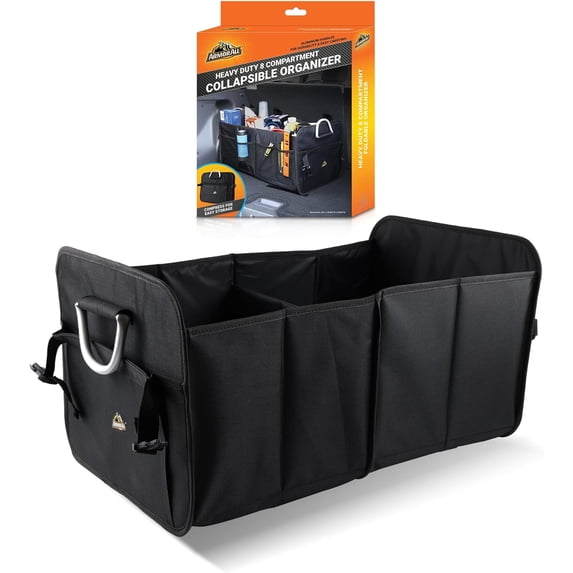 Armor All Trunk Organizer for SUV & Car Storage, XL Heavy-Duty 8 Compartment Collapsable Waterproof Car Organizer, 2 Sections & 6 Pockets, Aluminum Handles,