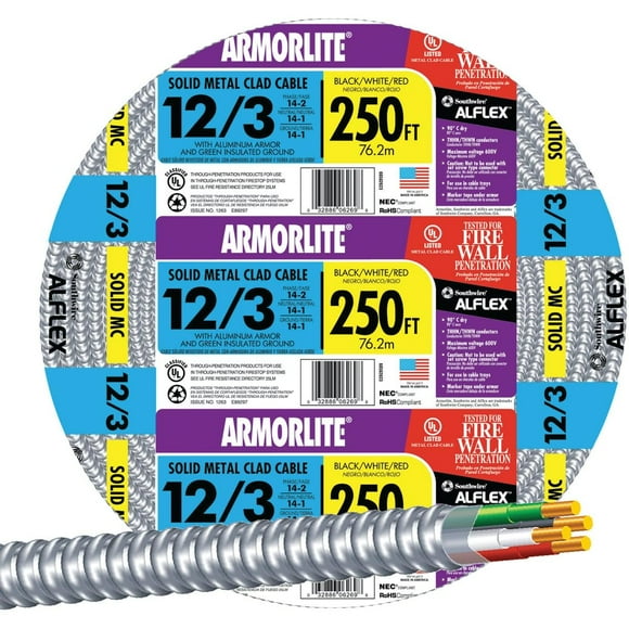 Armor lite Type Mc Aluminum Armored Cable, 12/3, 600 Volts, 250 Ft. Coil