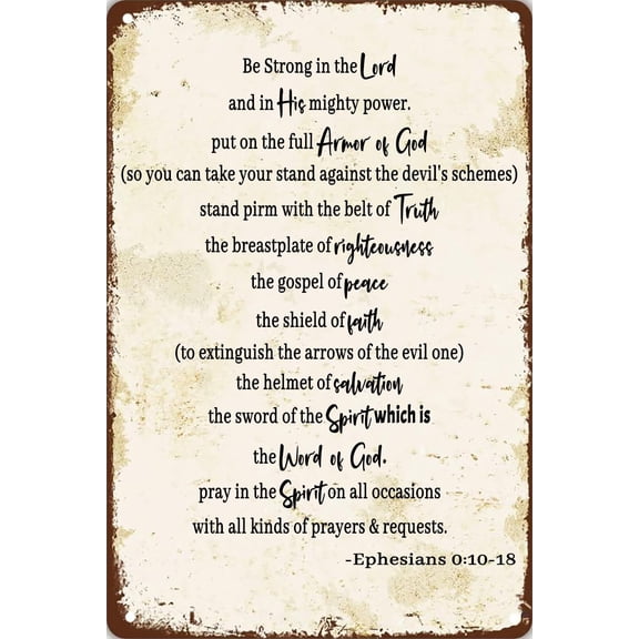 Armor of God Scripture Ephesians 6:10-18:00 Vintage Metal Tin Signs Wall Art for Home Bar Pub Kitchen Garden Bathroom Decor 8x12 Inches, Beige