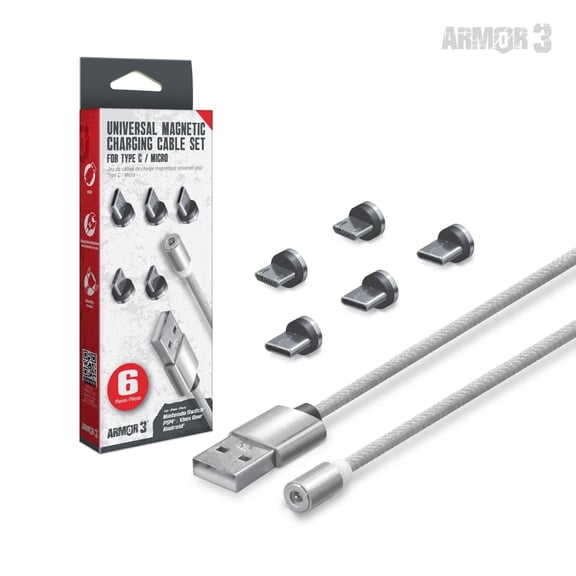 Armor3 Magnetic Charging Cable Set for Type C/Micro 6 Pieces Silver
