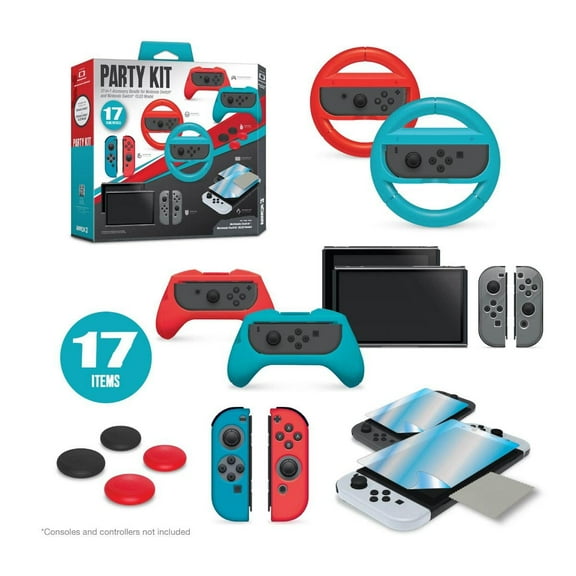 Armor3 Party Kit 17 in 1 Starter Kit Bundle for Nintendo Switch / Switch OLED: Silicone Skins, Pro Handle Attachments, Racing Wheels, Thumb Grips, Crystal Cases, Screen Protectors, Microfiber Cloth