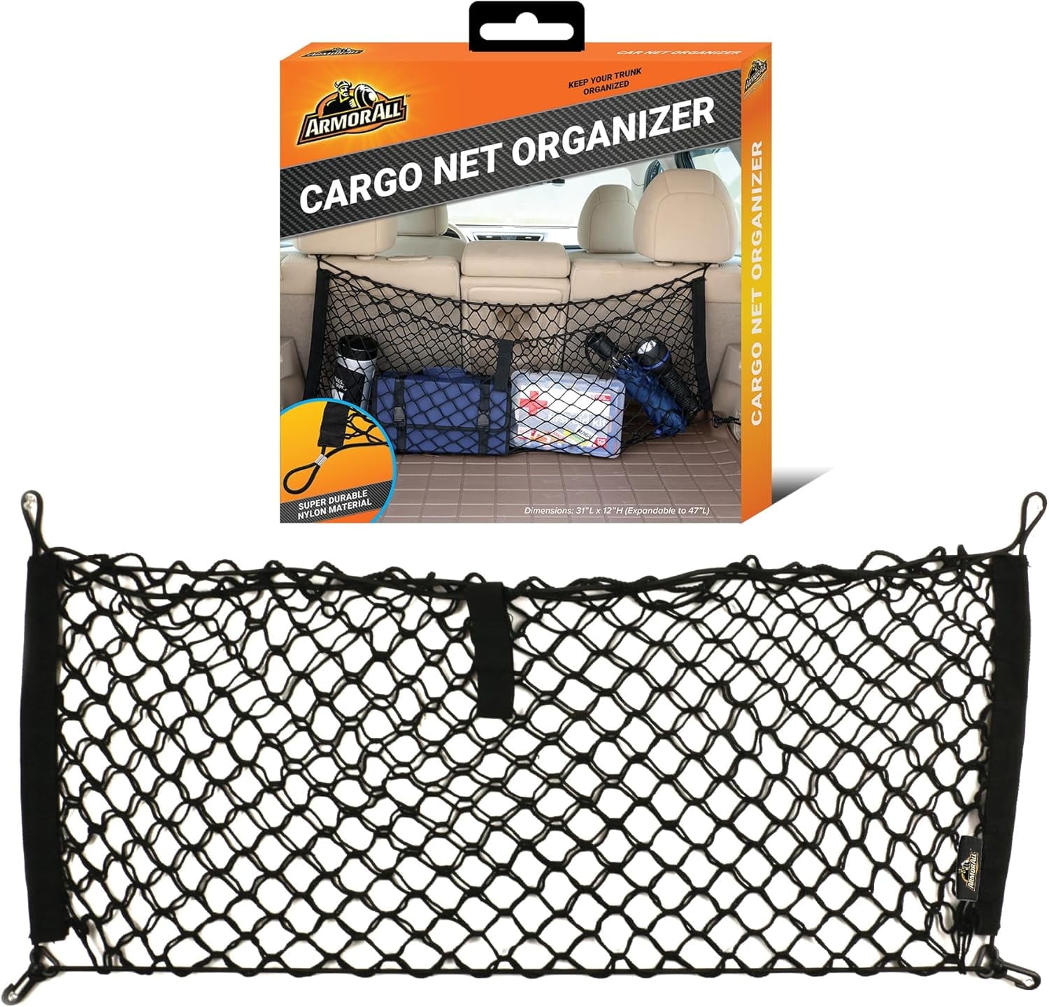 Armor All Cargo Net Organizer, 12 x 31 Inch Expandable up to 47 Inches, Super-Durable Nylon Material, Attaches to Headrest Post, Stretchable Net Car Trunk Organizer with Mesh Pocket, Universal Fit