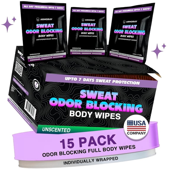 Armoray Dry At Last Antiperspirant Body Wipes - Individually Wrapped Deodorant Wipes for Women & Men - Hyperhidrosis Sweat Protection - 15 Count
