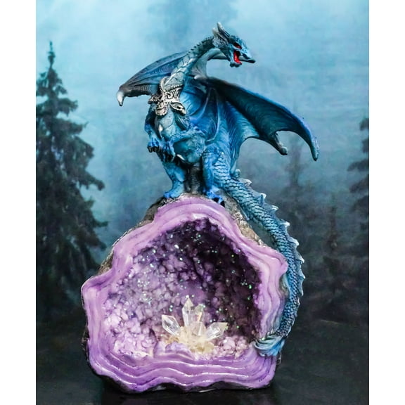 Armored Blue Dragon On Purple Quartz Faux Geode Crystal Cavern Rock Figurine