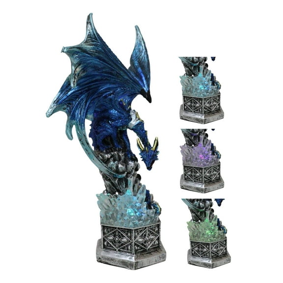 Armored Blue Guardian Water Elemental Dragon On LED Crystals Pedestal Figurine