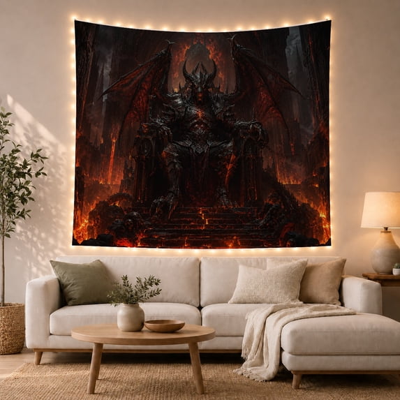 Armored Dragon King on a Lava Throne, Moody Gothic Fantasy for Dragon Lovers, Dark Creature Wall Decor, Halloween Gift, Tapestry Wall Hanging for Gaming Room, Bedroom and Dorm
