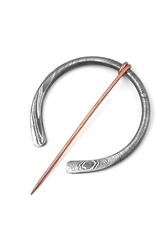 Anglo-Saxon Damascus Steel Fibula Brooch – Hand-Forged Cloak Pin for Reenactment & Costume Wear