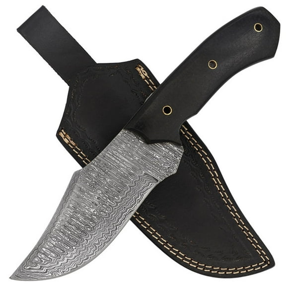 Armory Replicas Beaten Path Full Tang Damascus Steel Hunting Knife w/ Leather Sheath & Lanyard Holes