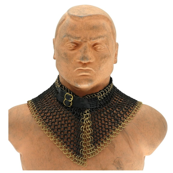 Armory Replicas Black/Gold Collar with Leather Liner - Mild Steel Butted Chainmail Double - Gold Double Line Design, Brass Adjustable Buckle & Belt, 10/16 Ring Size, 800g Neck Protection