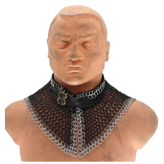 Armory Replicas Medieval Chainmail Collar with Leather Liner – Silver Double Line Neck Protection, 800g Mild Steel with Brass Buckle