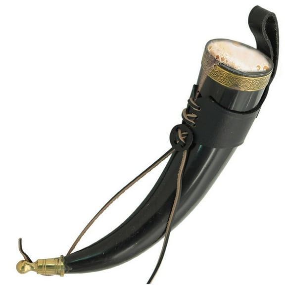 Armory Replicas Brass Adorned Medieval Drinking Horn with Black Leather Holder - 10.75" Height, 2.75" Width, 10-18 oz Capacity