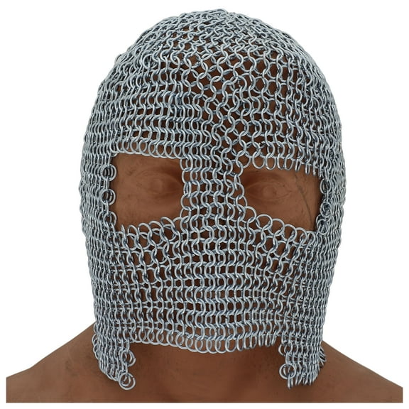 Armory Replicas Chainmail Butted Face Coif Mask - Silver Ring Design, Full Face Coverage, 8/16 Ring Size, Approx. 1.4 kg Protection