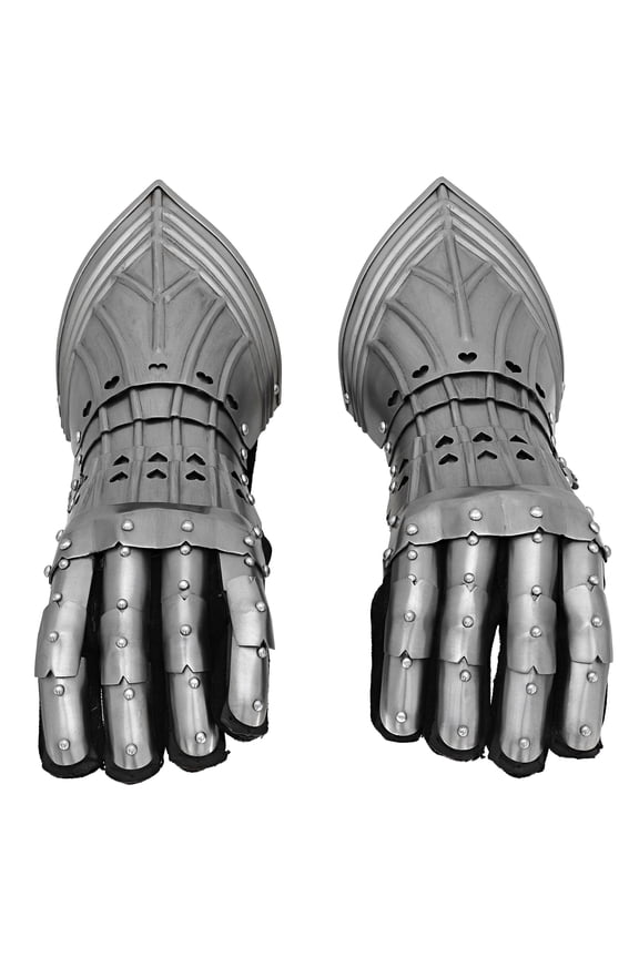 Design Gauntlets - Ornate 18 Gauge Mild Steel Gloves with Leather Gloves & Adjustable Belt - Finger, Wrist & Lower Arm - Medieval Reenactment Armor Gear