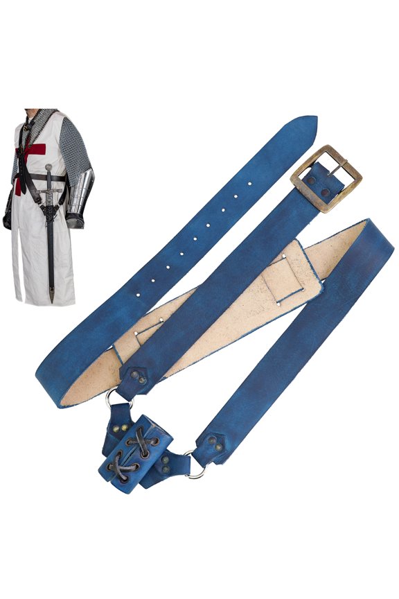 Faire Regular Adjustable Sword Waist Hanger Handmade Leather Baldric Belt, Blue, Antiqued