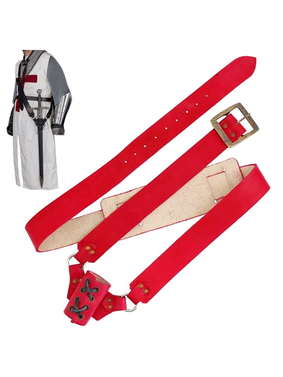 Handmade Genuine Leather Adjustable Sword Baldric Belt, Medieval Shoulder Waist Hanger with Brass Hardware for Longswords, Claymores, LARP & Renaissance Fair, Red