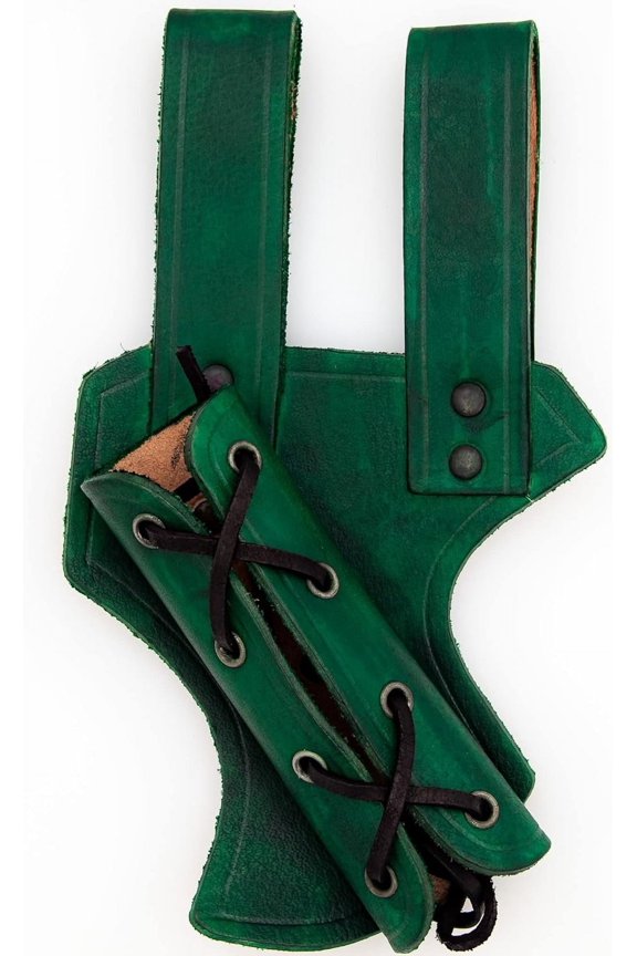 Right-Handed Medieval Sword & Dagger Frog, Wood and Leather Costume Weapon Holder, Green