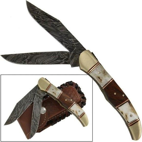 Armory Replicas Guild Stag Damascus Steel Pocket Knife Exquisite Stag and Wood Handle Design Perfect for EDC (Everyday Carry) or Collection