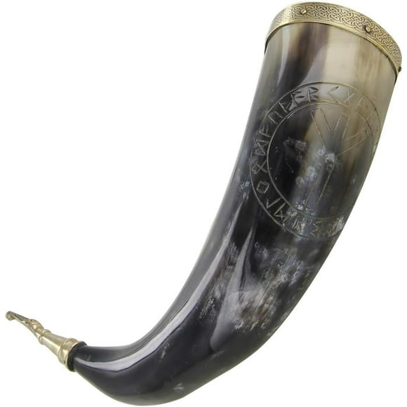 Armory Replicas Hand Carved Algiz Protection Viking Drinking Horn - Fully Functional Medieval Norse Horn with Celtic Knot Brass Rim and Crocodile Stopper