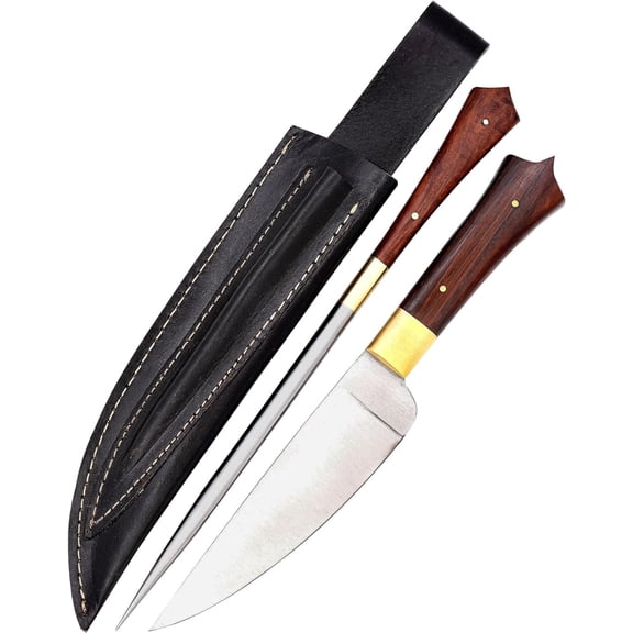 Hand Forged Outdoor Camping Grilling Utensil Knife & Rod Set | Genuine Bovine Leather Sheath Included
