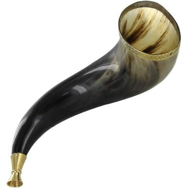 Armory Replicas Handmade Authentic Natural Gjallarhorn War Trumpet Medieval Inspired Functional Prop Real Cow Bovine Viking Blowing Horn w/Carved Brass Collar