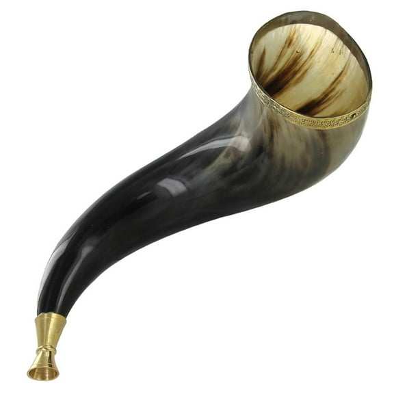 Armory Replicas Handmade Authentic Natural Gjallarhorn War Trumpet Medieval Inspired Functional Prop Real Cow Bovine Viking Blowing Horn w/Carved Brass Collar