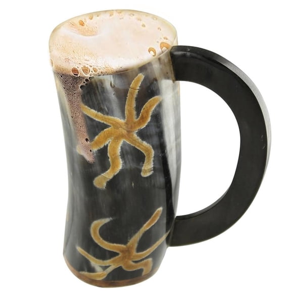 Armory Replicas Natural Buffalo Horn Drinking Mug, Handcrafted Beer Ale Wine Cup with Wooden Base & Fire Burned Earth Design,