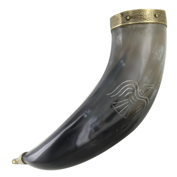 Armory Replicas Handmade Fully Functional Huginn Muninn Norse Bovine Drinking Horn with Hand Carved Brass Accents - Medieval Inspired Viking Mug
