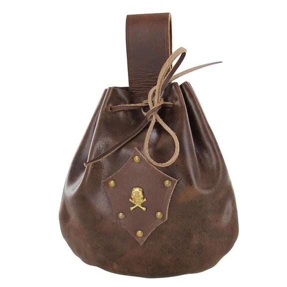 Armory Replicas Leather Sea Captain's Gentleman Drawstring Pouch, Handmade Genuine Leather Pirate Belt Bag with Jolly Roger Emblem for Renaissance Fair, Cosplay & Reenactment