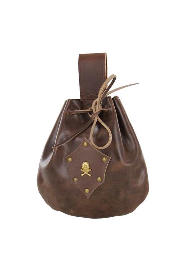 Leather Sea Captain's Gentleman Drawstring Pouch, Handmade Genuine Leather Pirate Belt Bag with Jolly Roger Emblem for Renaissance Fair, Cosplay & Reenactment