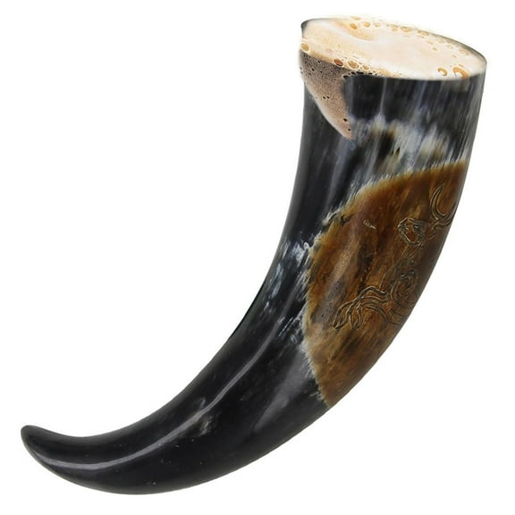 Armory Replicas Handmade Norse Drinking Horn with Deer Engraving and Iron Stand Burnt Finish with Hand Engraved Deer Design Perfect for Drinking Mead or Ale