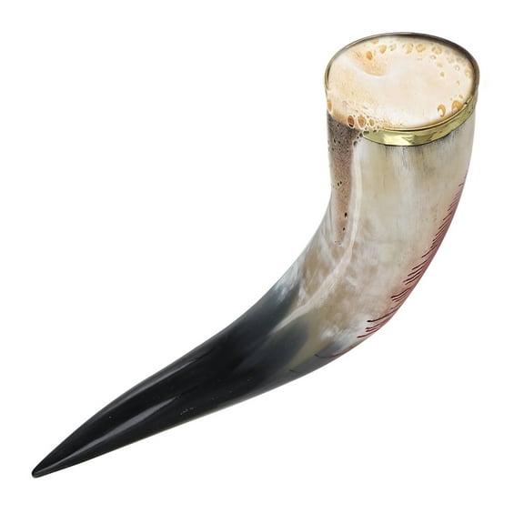 Armory Replicas Horn of Olaf Medieval Drinking Horn with Bloody Peacock Feather Design, Brass Rim & Stand