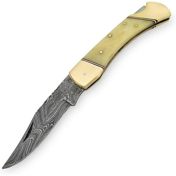 Armory Replicas Hunt For Life Lock back Walker Hound Pocket Knife - Damascus Steel Includes handmade leather sheath with two-snap closure