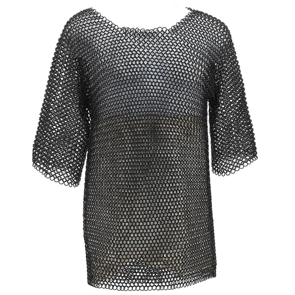 Armory Replicas Large Black Chainmail Shirt | Half Sleeve Haubergeon Armor | Chest, Back & Shoulder Coverage