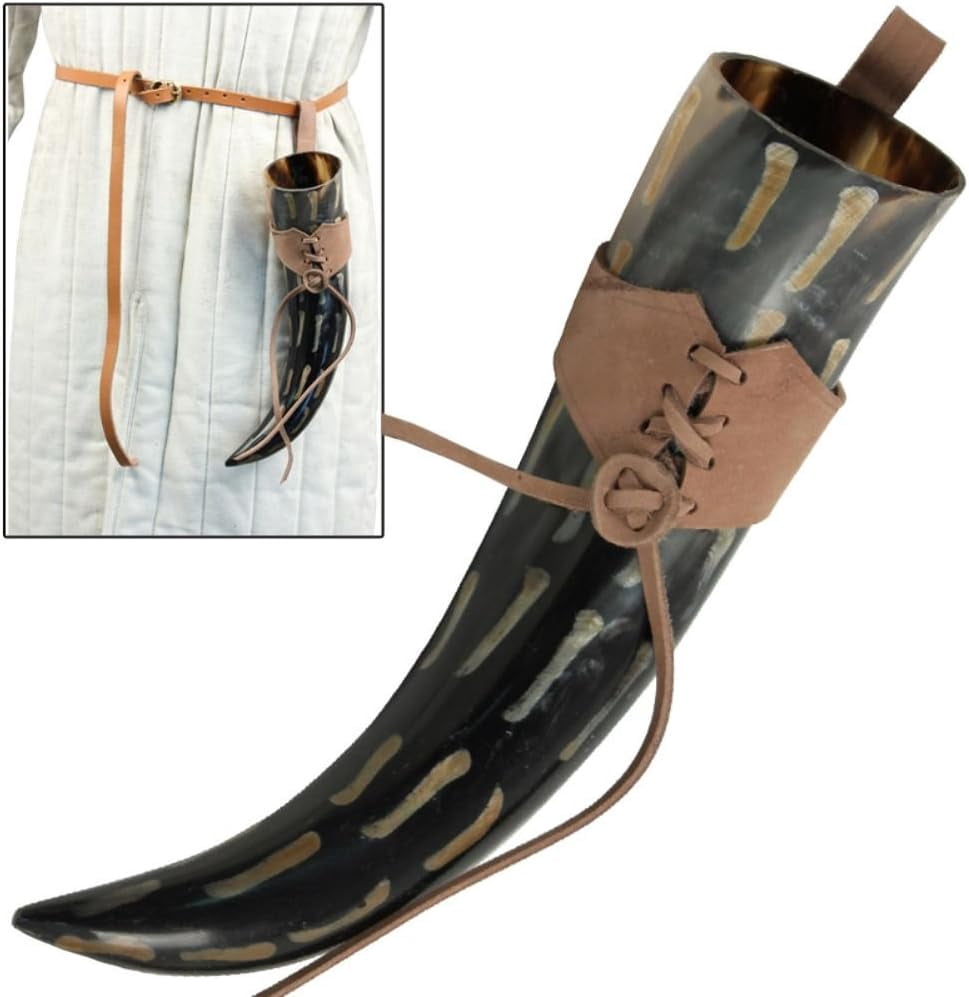 MedievalDepot Handcrafted Drinking Horn With Leather Holder - 15 Inch Natural Cow Horn, Holds 500-700ml, Fire-Burned Scale Design