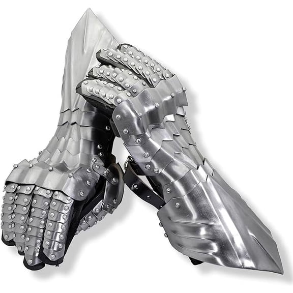 Armory Replicas Medieval 18 Gauge Steel Gauntlets Polished Silver Black Suede Gloves Costume Accessory