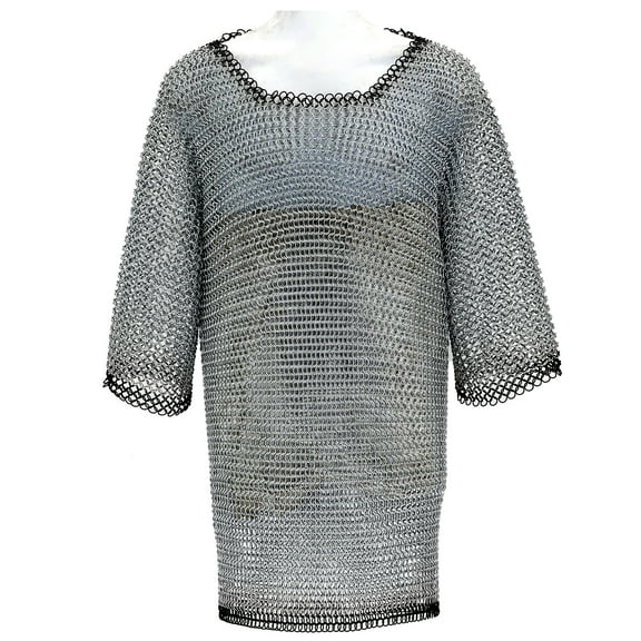 Armory Replicas Medieval Chainmail Haubergeon Shirt, Silver Black Mild Steel, Half Sleeve, Medium Chest 48-50"